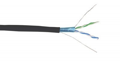 Кабель витая пара ITK, F/UTP, 2 пар., кат. 5е, проводник Ø 0,48мм, AWG24, LDPE, 100МГц, 1м (катушка 500м), (дренажный провод, рипкорд), тип прокладки: снаружи зданий, цвет: чёрный