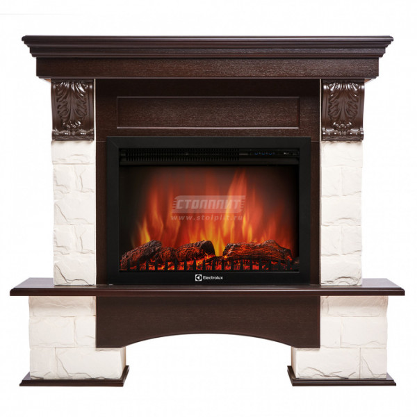 Электрокамин с широким очагом 2D Electrolux EFP/P-3020LS с порталом Firelight Forte 30S камень белый, темный дуб