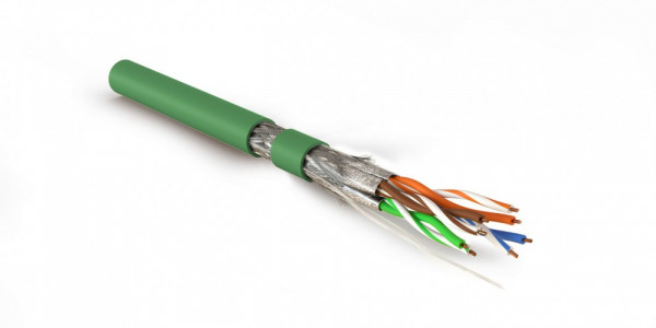 Кабель витая пара Hyperline SFTP4-C7-S23-IN-LSZH, S/FTP, 4 пар., кат. 7, проводник Ø 0,56мм, AWG23, LSZH (нг(A)-HF), 600МГц, 1м (500м), тип прокладки: внутри зданий, цвет: зелёный