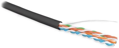 Кабель витая пара Hyperline, U/UTP, 4 пар., кат. 5е, проводник Ø 0,64мм, AWG22, PE, 100МГц, 1м (катушка 1 000м), тип прокладки: снаружи зданий, цвет: чёрный