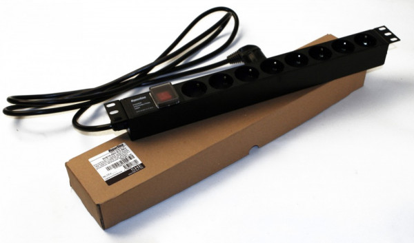 Блок силовых розеток Hyperline SHE19-(X)SH, горизонтальный, неуправляемый, Shuko х 8, для шкафов, шнур 2,5 м, 1U, 44мм 16А, серый