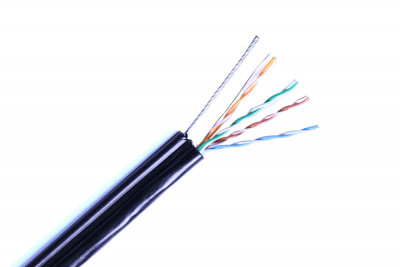 Кабель витая пара Datarex, U/UTP, 4 пар., кат. 5е, проводник Ø 0,91мм, AWG24, PE, 100МГц, 1м (коробка 305м), с тросом, тип прокладки: внутри зданий, цвет: чёрный