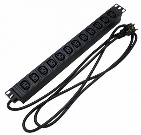 Блок силовых розеток Hyperline SHE19-(XX)IEC, горизонтальный, неуправляемый, IEC 60320 С13 х 12, вход Schuko, шнур 2,5 м, 1U, 482,6мм 10А, вольтметр,амперметр, чёрный