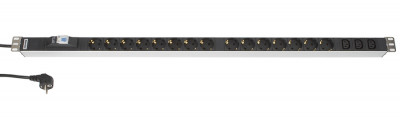 Блок силовых розеток Hyperline, вертикальный, неуправляемый, IEC 60320 С13 х 3, Shuko х 15, вход Schuko, 19", шнур 2,5 м, 1048х44,4х44,4 мм (ВхШхГ), 16А, автомат, чёрный