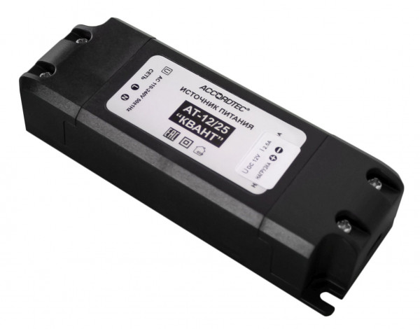 Блок питания AccordTec, пластик, цвет: чёрный, AT-12/25 КВАНТ для контроля доступа, ОПС, видео, СКУД, помещения, улицы, (AT-02480)