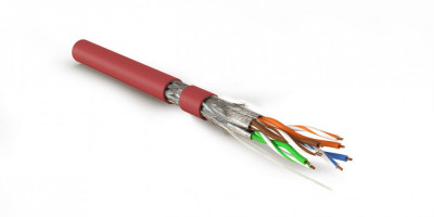 Кабель витая пара Hyperline SFTP4-C8.1-S23-IN-LSZH, S/FTP, 4 пар., кат. 8, проводник Ø 0,58мм, AWG23, LSZH (нг(A)-HF), 2000МГц, 1м (500м), тип прокладки: внутри зданий, цвет: красный