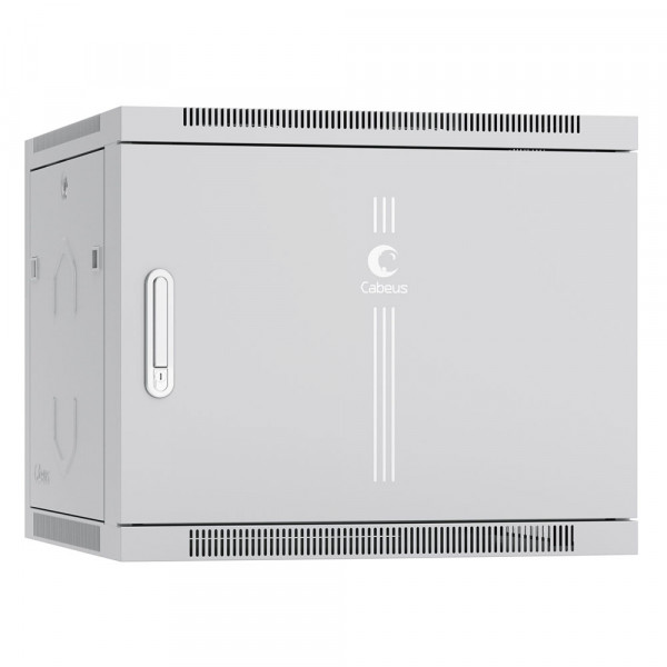 Шкаф телекоммуникационный настенный Cabeus SH-05F, 19", 9U, 501х600х450 мм (ВхШхГ), дверь: металл, боковая панель: сплошная съемная, сварной, цвет: серый, (съемная панель для крепления шкафа к стене)
