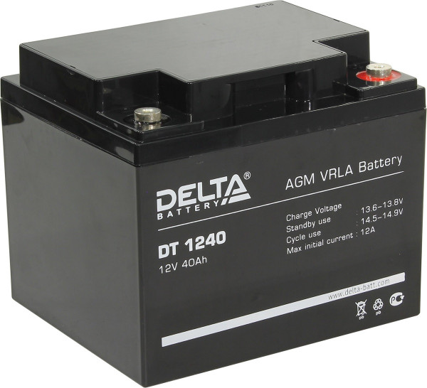 Аккумулятор для ИБП Delta Battery DT, 170х166х198 мм (ВхШхГ),  Необслуживаемый свинцово-кислотный,  12V/40 Ач, цвет: чёрный, (DT 1240)