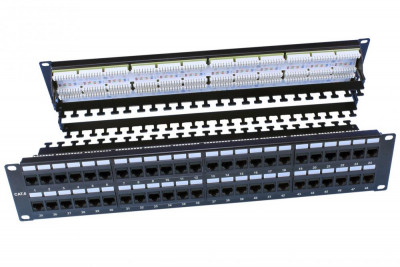 Коммутационная патч-панель Hyperline PP3, 19", 2HU, портов: 48 х RJ45, кат. 6, универсальная, неэкр., цвет: чёрный, (PP3-19-48-8P8C-C6-110D)