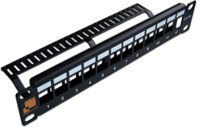 Коммутационная патч-панель наборная Lanmaster, 10", 1HU, портов: 12 х keystone, кат. 5е, неэкр., порты в 1 ряд, цвет: чёрный, (LAN-PP12OK-UTP/10)
