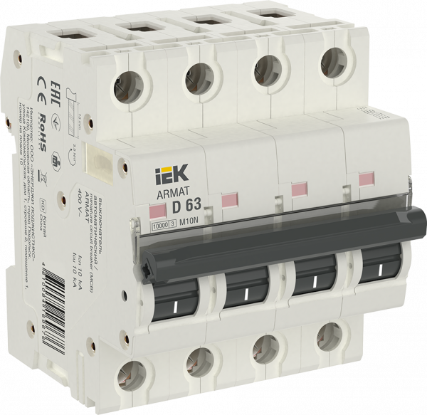 Автоматический выключатель IEK ARMAT, 4 модуль, D класс, 4P, 63А, 10кА, (AR-M10N-4-D063)