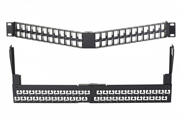 Коммутационная патч-панель наборная Eurolan, 19", 1HU, портов: 48 х keystone, кат. 5-7, экр., с задним кабельным организатором (без модулей), цвет: чёрный, (27A-00-48-01BL)