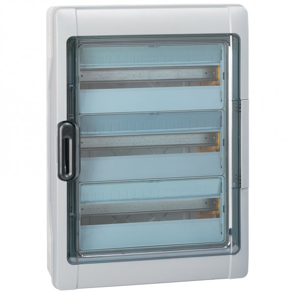 Щит электрический настенный Legrand Plexo, универсальный, IP65, 3ряд.  18мод., с клеммным блоком, дверь: прозрачная, корпус: полистирол, цвет: серый