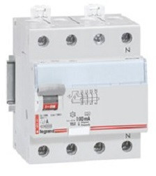 Устройство защитного отключения Legrand DX3, тип: AC, 4 модуль, 4Р, 80А/100мА, зажим для нейтрального проводника с правой стороны (411715)