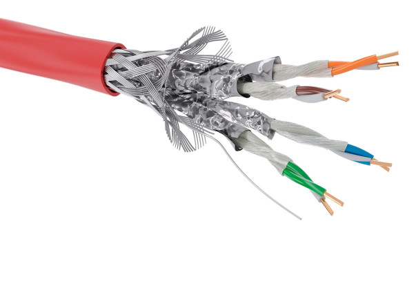 Кабель витая пара DKC, S/FTP, 4 пар., кат. 7A, проводник Ø 0,57мм, AWG23, нг(А)-FRHF, 1м (бухта 500м), сечение проводника 0,257мм2, тип прокладки: внутри зданий, цвет: красный