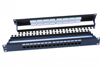 Коммутационная патч-панель Hyperline PP3, 19", 1HU, портов: 16 х RJ45, кат. 6, универсальная, неэкр., цвет: чёрный, (PP3-19-16-8P8C-C6-110D)