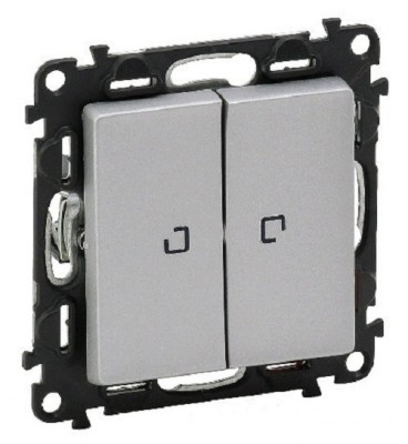 Переключатель Legrand Valena Life, двухклавишный, с подсветкой, 10АX, внутренняя, 71х71 мм (ВхШ), цвет: алюминий, с безвинтовыми зажимами, лампами 2 х 0,15 ма (752609)