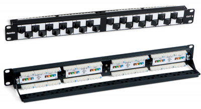 Коммутационная патч-панель Hyperline, 19", 1HU, портов: 24 х RJ45, кат. 6, универсальная, неэкр., модули углового типа, цвет: чёрный, (PP2A-19-24S-8P8C-C6-110)