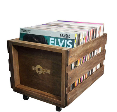 WOODEN RECORD STORAGE CRATE ON WHEELS FOR 100 LPS - RETRO MUSIQUE