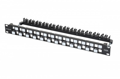 Коммутационная патч-панель наборная Eurolan, 19", 1HU, портов: 24 х keystone, кат. 6A, неэкр., с задним кабельным организатором (без модулей), цвет: чёрный, (27B-00-24BL-UA)