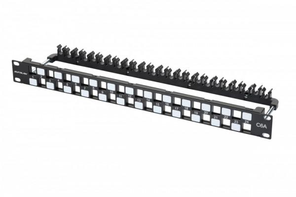 Коммутационная патч-панель наборная Eurolan, 19", 1HU, портов: 24 х keystone, кат. 6A, неэкр., с задним кабельным организатором (без модулей), цвет: чёрный, (27B-00-24BL-UA)