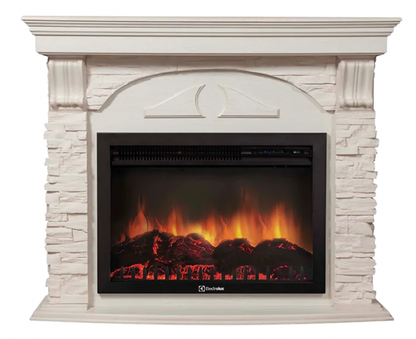 Электрокамин с широким очагом 2D Electrolux EFP/P-3020LS с порталом Firelight Torre 30U (угловой) камень белый, шпон белёный дуб