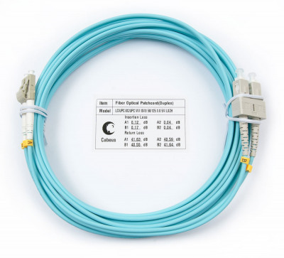 Коммутационный шнур оптический Cabeus Tight Buffer, Duplex LC/SC, OM3 50/125, LSZH, Ø 3мм, 5м, цвет: аква, (FOP-50-LC-SC-5m)
