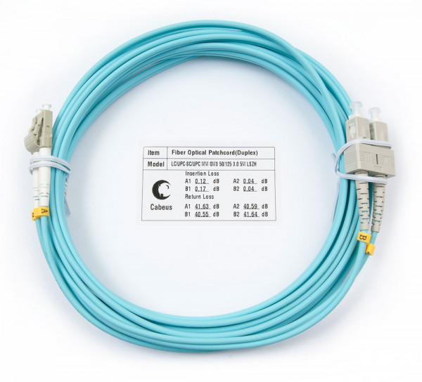 Коммутационный шнур оптический Cabeus Tight Buffer, Duplex LC/SC, OM3 50/125, LSZH, Ø 3мм, 5м, цвет: аква, (FOP-50-LC-SC-5m)