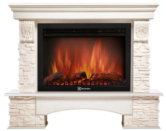 Электрокамин с широким очагом 2D Electrolux EFP/P-3020LS с порталом Firelight Pietra 30U (угловой) камень белый, шпон белёный дуб