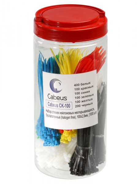 Стяжка кабельная Cabeus, неоткрывающаяся, 2,5 мм Ш, 100 мм Д, 1000 шт, материал: нейлон, цвет: цветная, (безгалогенные)