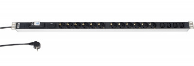 Блок силовых розеток Hyperline, вертикальный, неуправляемый, IEC 60320 С13 х 4, Shuko х 12, вход Schuko, 19", шнур 2,5 м, 1005х44,4х44,4 мм (ВхШхГ), 16А, автомат, фильтр защиты перенапряжений, чёрный