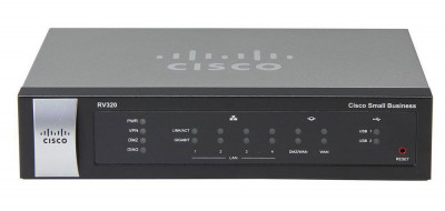 Маршрутизатор Cisco, Small Business, портов: 12, LAN: 4, WAN: 2, скорость мб/с: 900, USB: Да, 44х206х132 мм (ВхШхГ), цвет: чёрный, стандарт 802.3, 802.3u, порты RJ-45 6шт, RV320-K8-RU
