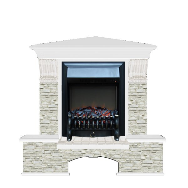 Электрокамин с классическим очагом 2D Glenrich Бостон К угловой (Fobos BL,BR) камень-Грот однотонный/цвет-Белый