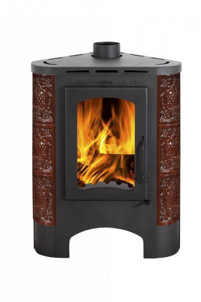 Дровяная печь ЭКОКАМИН БАВАРИЯ УГЛОВАЯ РАДИУС изразцовая Барокко корич с металл крышкой