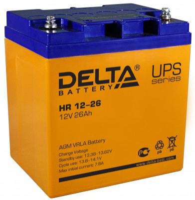 Аккумулятор для ИБП Delta Battery HR, 175х125х165 мм (ВхШхГ),  Необслуживаемый свинцово-кислотный,  12V/26 Ач, цвет: оранжевый, (HR 12-26)