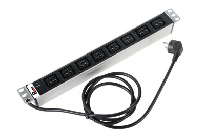 Блок силовых розеток Rem Rem-16, горизонтальный, неуправляемый, IEC 60320 С19 х 8, вход Schuko, шнур 3 м, 45мм 16А, индикатор, алюминий