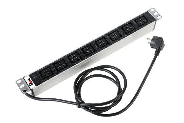Блок силовых розеток Rem Rem-16, горизонтальный, неуправляемый, IEC 60320 С19 х 8, вход Schuko, шнур 3 м, 45мм 16А, индикатор, алюминий