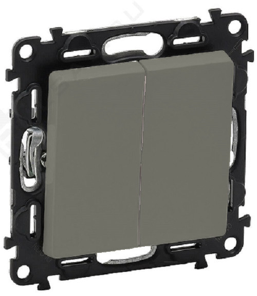 Выключатель Legrand Valena Life, двухклавишный, без подсветки, 10АX, внутренняя, 71х71 мм (ВхШ), цвет: алюминий, с безвинтовыми зажимами (752605)