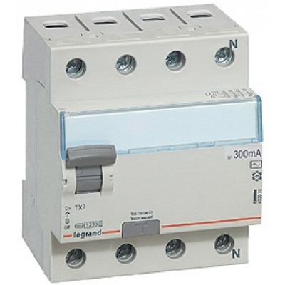 Устройство защитного отключения Legrand TX3, тип: AC, 4 модуль, 4Р, 63А/300мА, зажим для нейтрального проводника с правой стороны (403044)