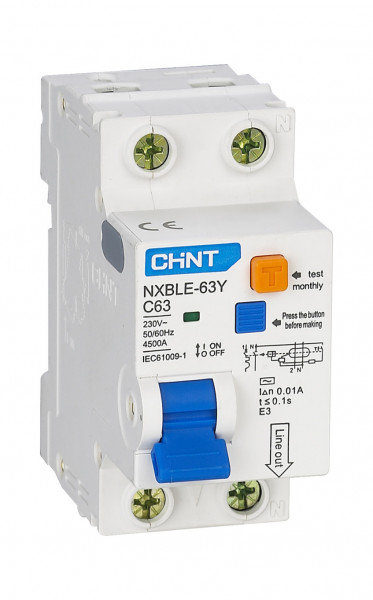 Автоматический выключатель с дифференциальным током CHINT NXBLE-63Y, тип: AC, C класс, 1Р, 25А/30мА, с нейтралью (105544)