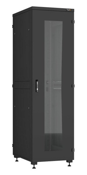 Шкаф телекоммуникационный напольный TLK Lite II, IP20, 42U, 2042х600х800 мм (ВхШхГ), дверь: стекло, задняя дверь: металл, боковая панель: сплошная, 2 части, разборный, цвет: чёрный, (TFI-426080-GHMH-R-BK)