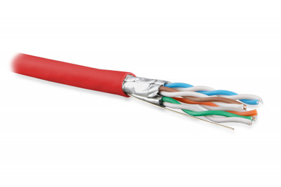 Кабель витая пара Hyperline UFTP4-C6A-S23-IN-PVC, U/FTP, 4 пар., кат. 6A, проводник Ø 0,57мм, AWG23, PVC, 500МГц, 1м (500м), тип прокладки: внутри зданий, цвет: красный