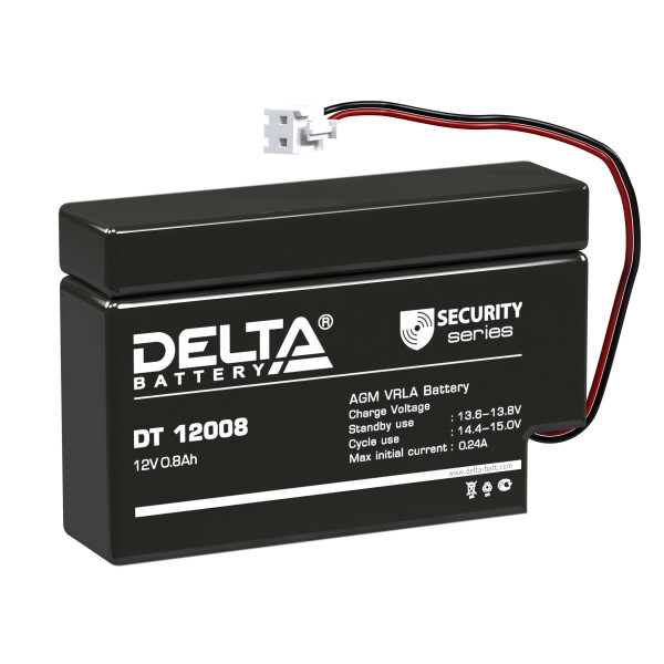 Аккумулятор для ИБП Delta Battery DT, 63х25х97 мм (ВхШхГ),  Необслуживаемый свинцово-кислотный,  12V/0,8 Ач, цвет: чёрный, (DT 12008 (T13))
