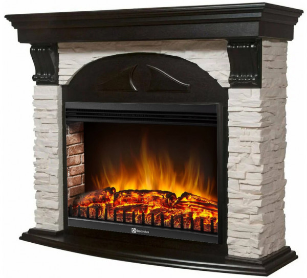 Электрокамин с широким очагом 2D Electrolux EFP/P-3020LS с порталом Firelight Torre 26/30U (угловой) камень белый, шпон темный дуб