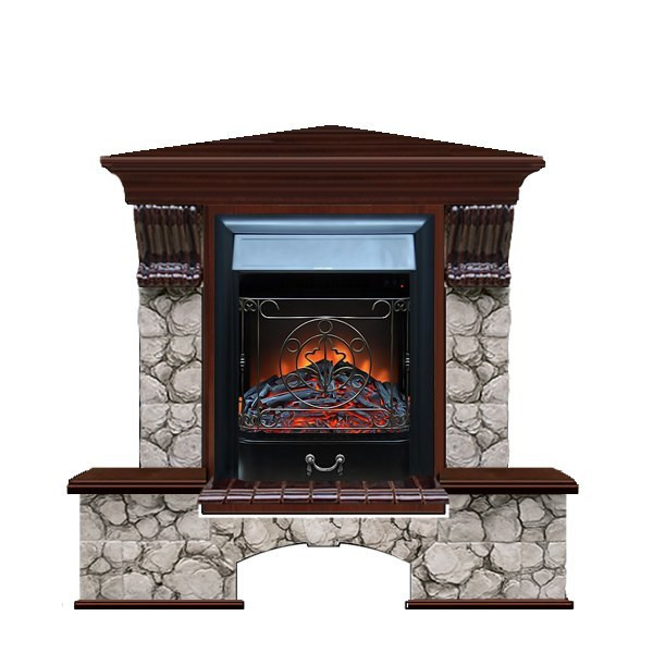 Угловой электрокамин с красивой стеклянной дверцей Glenrich Бостон К угловой (Magestic BL,BR) камень-Карелия/цвет-Красное дерево