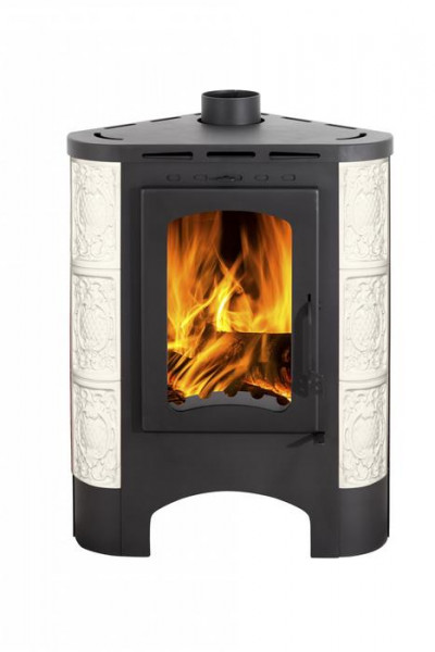 Дровяная печь ЭКОКАМИН БАВАРИЯ УГЛОВАЯ РАДИУС изразцовая Барокко беж с металл крышкой