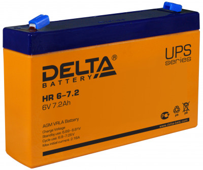 Аккумулятор для ИБП Delta Battery HR, 100х34х151 мм (ВхШхГ),  Необслуживаемый свинцово-кислотный,  6V/7,2 Ач, цвет: оранжевый, (HR 6-7.2)