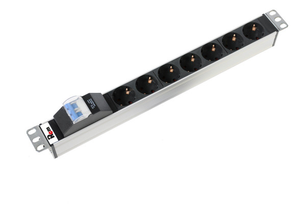 Блок силовых розеток Rem Rem-16, горизонтальный, неуправляемый, Shuko х 7, вход колодка, 45мм 16А, автомат, алюминий, без шнура