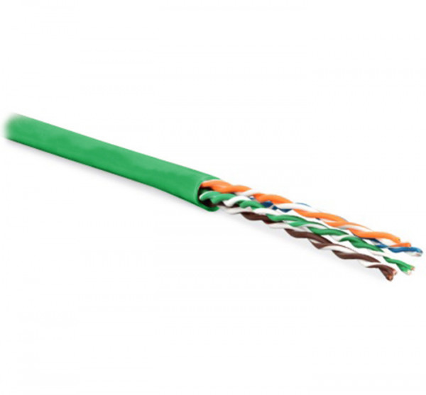 Кабель витая пара Hyperline UUTP4-C5E-P24-IN-PVC, U/UTP, 4 пар., кат. 5е, проводник Ø 0,61мм, AWG24, PVC, 100МГц, 1м (100м), тип прокладки: внутри зданий, цвет: зелёный