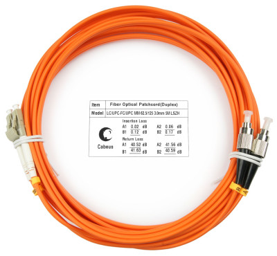 Коммутационный шнур оптический Cabeus Tight Buffer, Duplex LC/FC (UPC/UPC), OM1 62,5/125, LSZH, Ø 3мм, 10м, цвет: оранжевый, (FOP-62-LC-FC-10m)